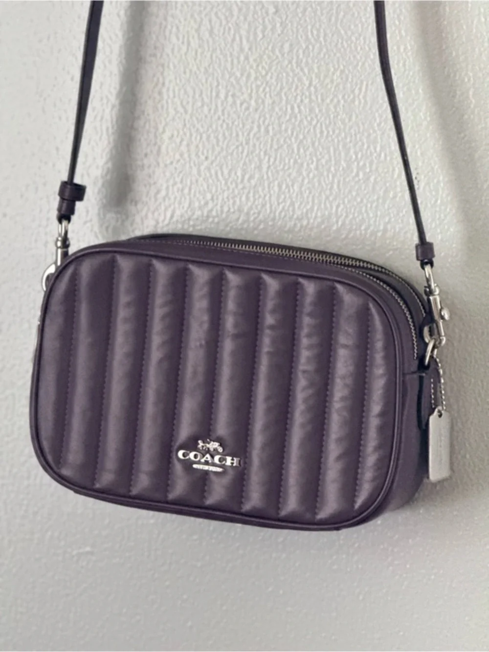 Coach Purple Quilted Leather Camera Bag Crossbody Silver Hardware
